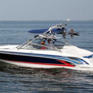 Boat out on the water with Samson Sports wakeboard tower installed