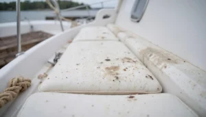 Mold, dirt, and debris on a boats cushions.